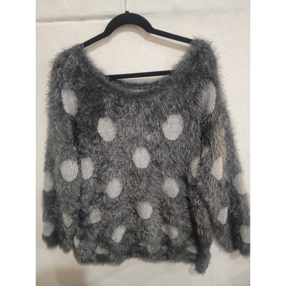 Joseph A. Women's Plus XXL Fuzzy‎ Polka Dot Sweater Grey White Eyelash Knit Soft